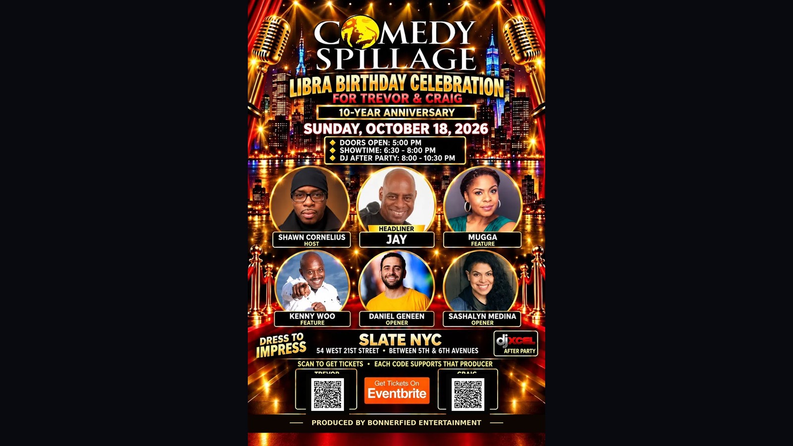 Comedy Spillage 10 Year Anniversary and Libra Birthday Celebration flyer for Sunday, October 18, 2026 at Slate NYC