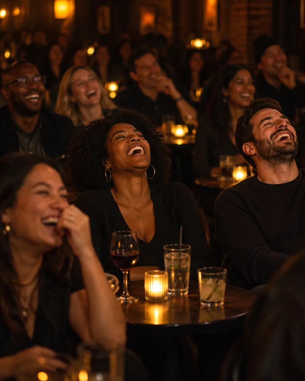 Friends laughing around candlelit tables during a comedy show